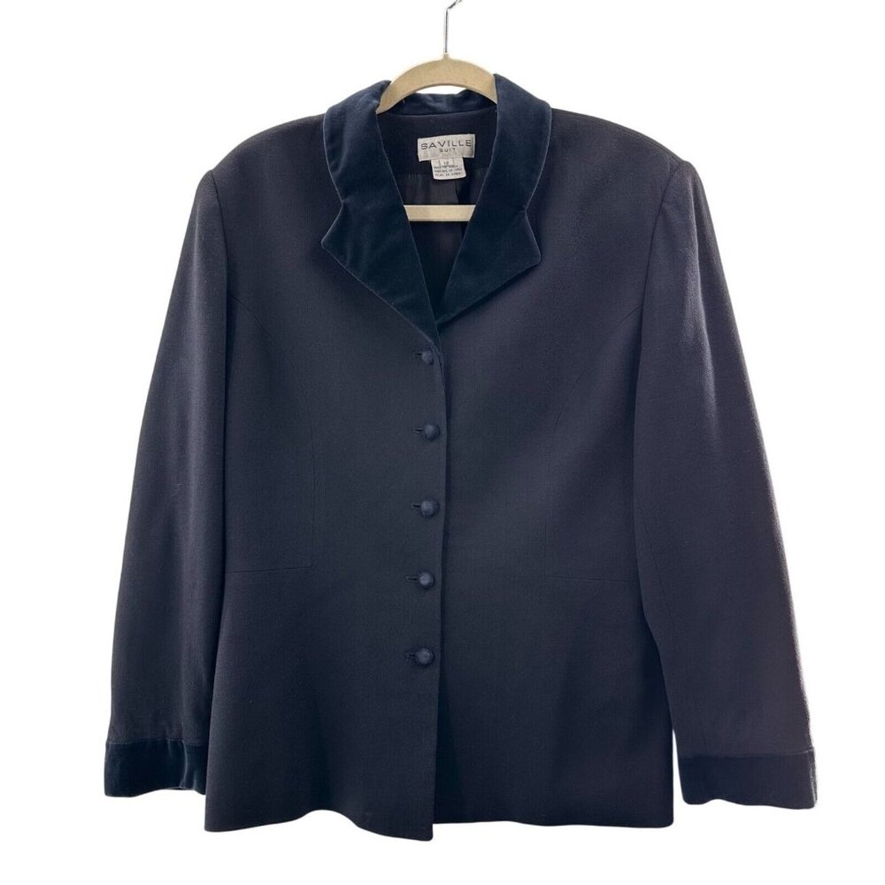 Vtg Saville Womens Black Blazer Velvet Collar Cuffs Size 12 100% Worsted Wool‎